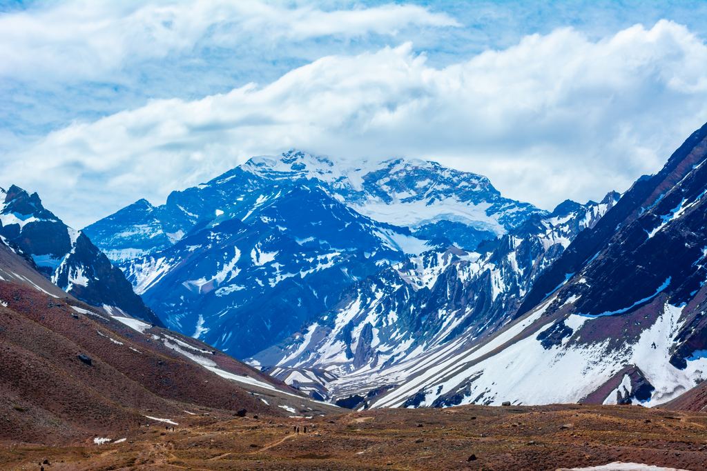 The snow-covered peak of Aconcagua in the Andes of Mendoza province