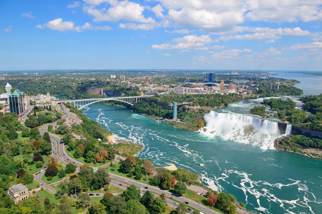 Aerial view of the American Falls, the Niagara River and the Rainbow Bridge