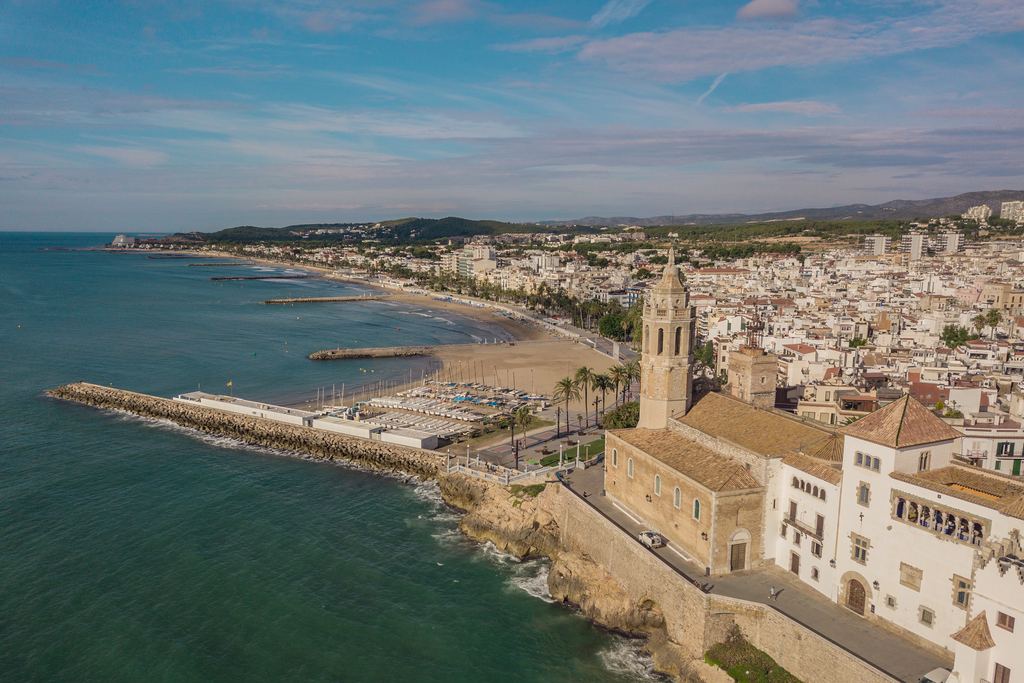Aerial view of Sitges, its church and seafront, south of Barcelona