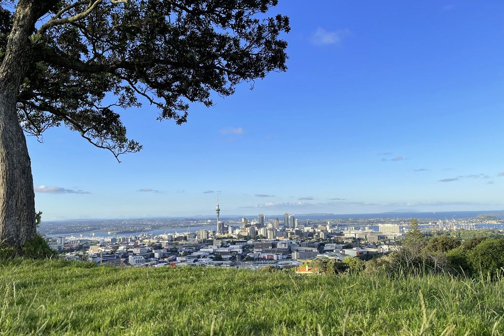 Auckland city skyline with the Sky Tower seen from Mount Eden