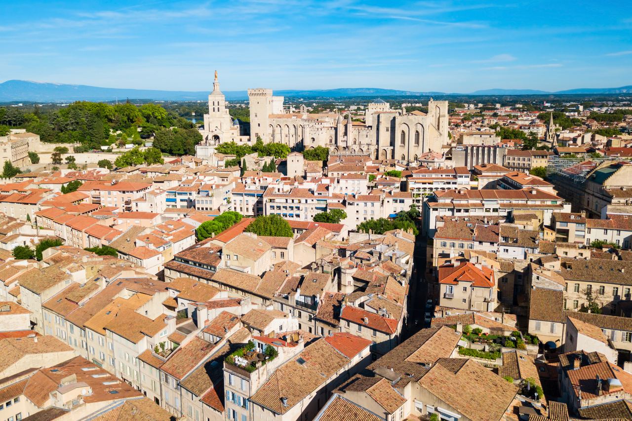 Aerial view of Avignon's rooftops with the Palais des Papes