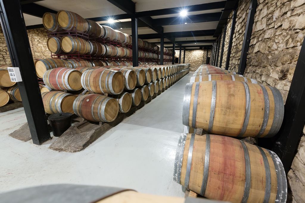 Oak barrels stacked in rows along the stone walls of a winery cellar