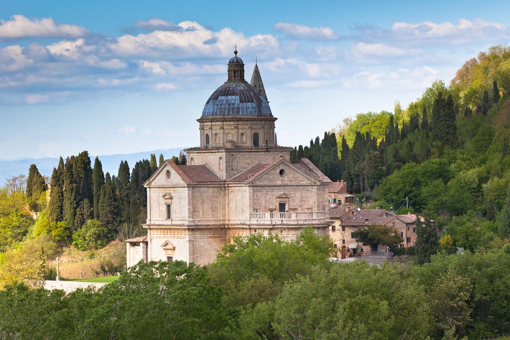 The Renaissance church of San Biagio near Montepulciano surrounded by cypresses