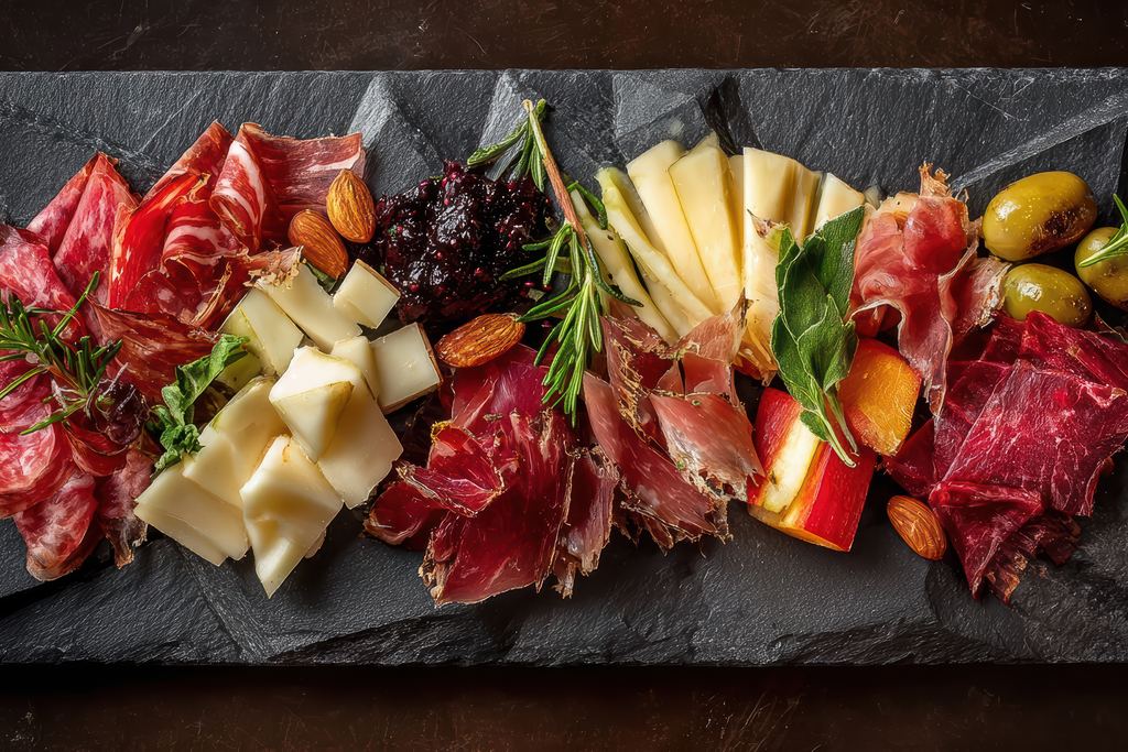 Slate board with cured meats, cheese slices, olives and almonds