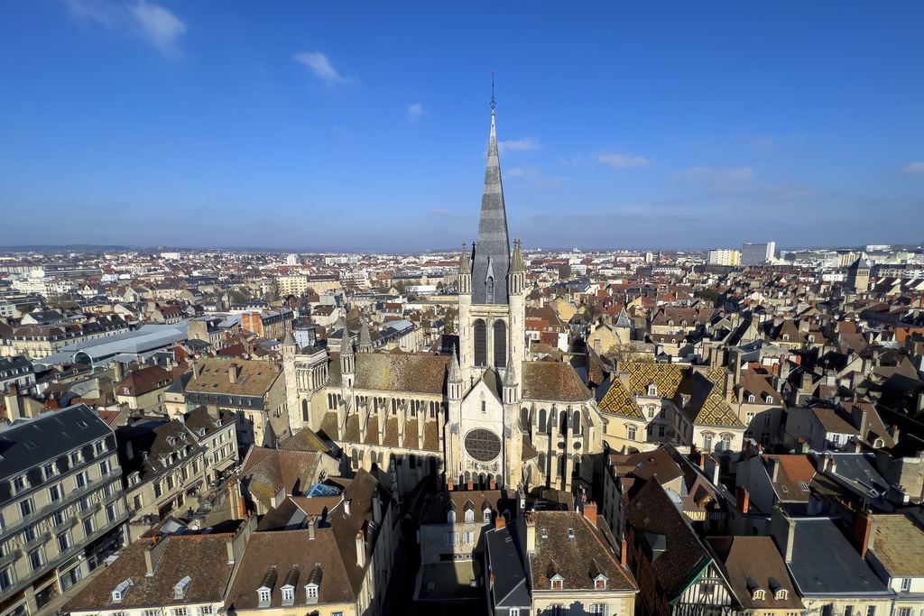 Aerial view of Dijon's old town with the spire of Notre-Dame
