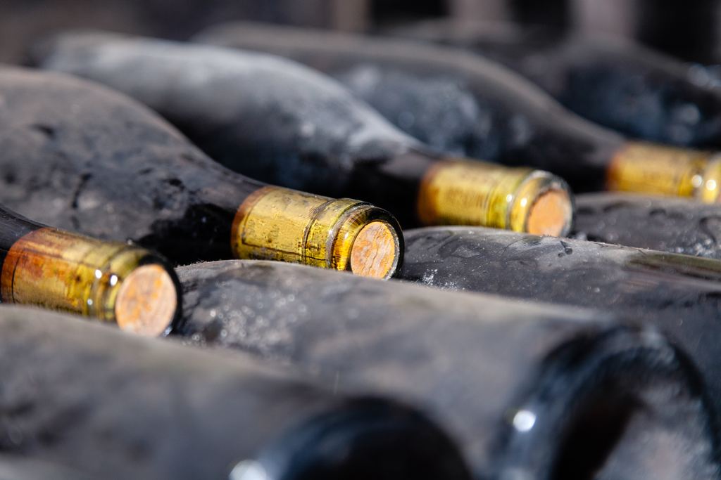 Close-up of dust-covered old wine bottles with waxed necks lying in rows in a winery cellar