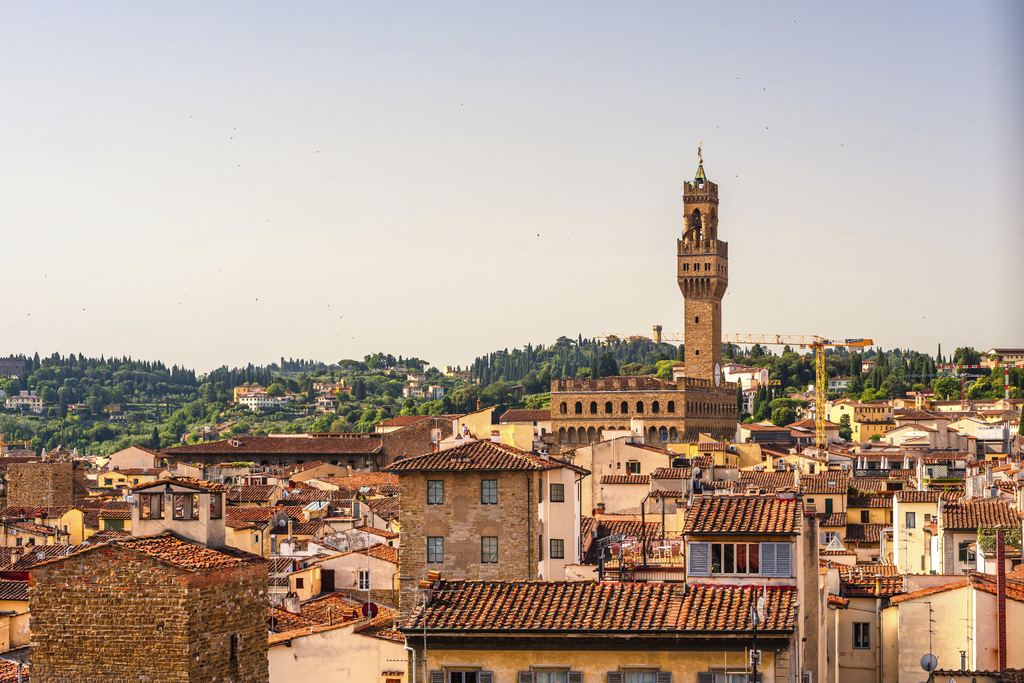 Rooftops of Florence with the Palazzo Vecchio tower at sunset