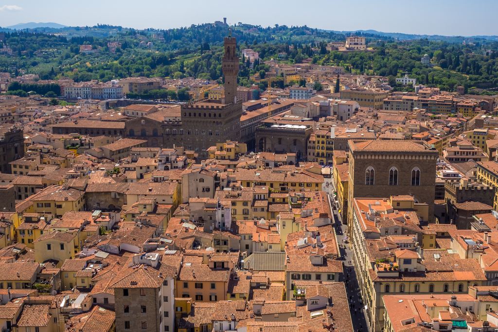 Rooftops of Florence seen from above, with the Palazzo Vecchio tower
