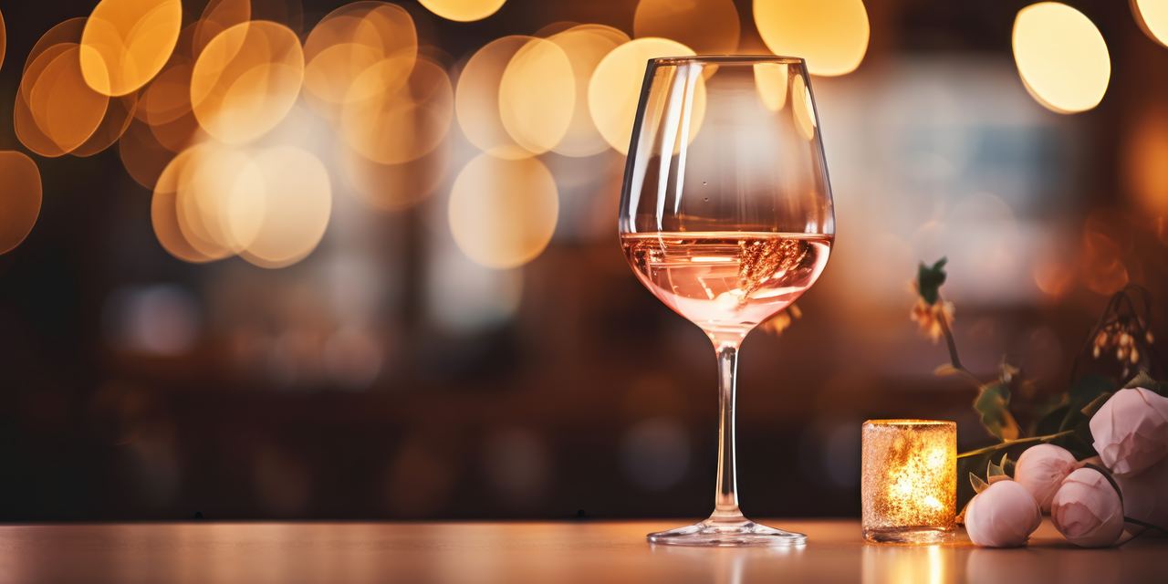 Glass of pale rosé wine on a table with warm blurred lights behind