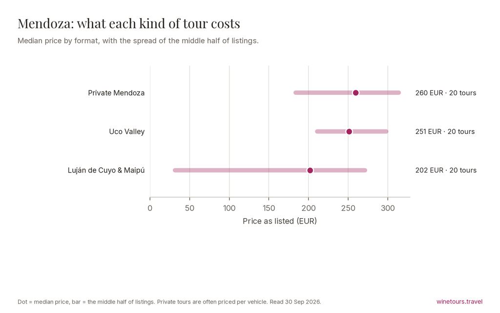 Chart of median prices by tour format in Mendoza: Luján de Cuyo & Maipú Wine Tours 202 EUR; Uco Valley Wine Tours 251 EUR; Private Mendoza Wine Tours 260 EUR