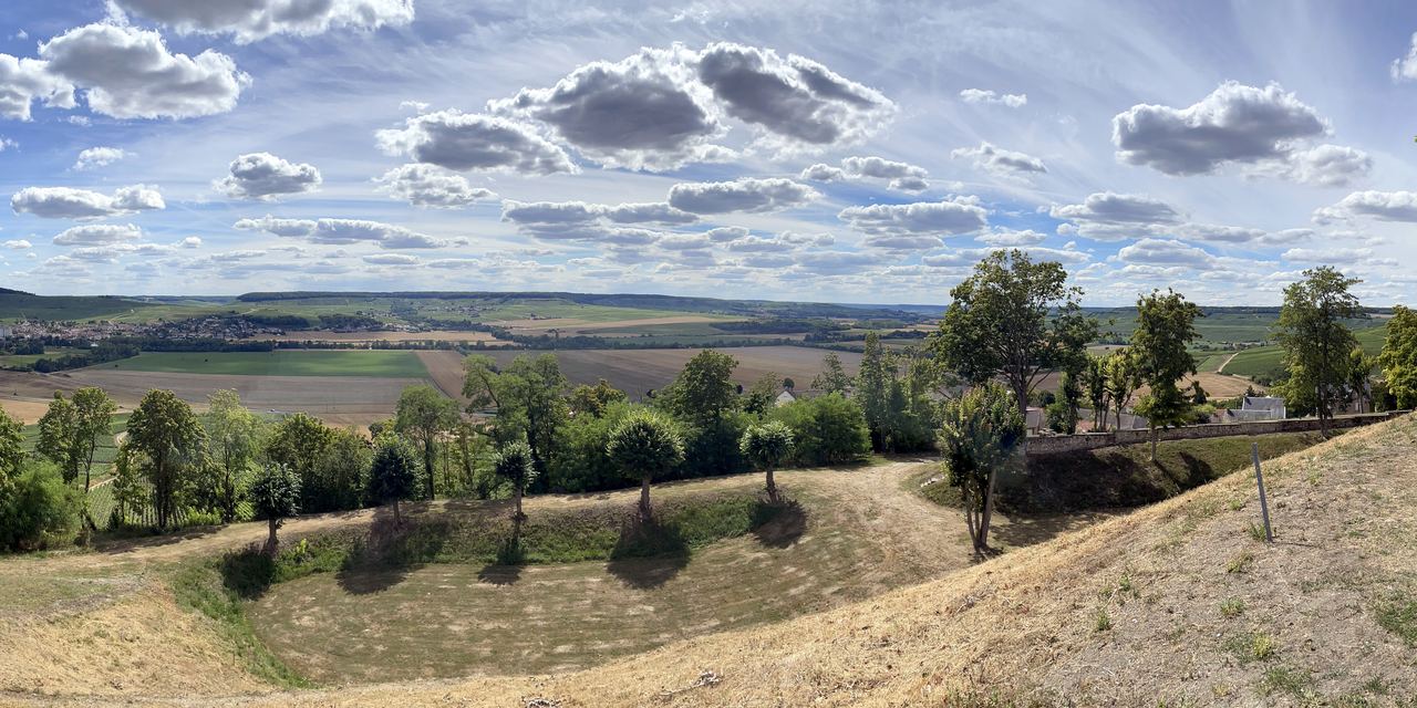 Hillside view over fields and woods in the Champagne region near Reims
