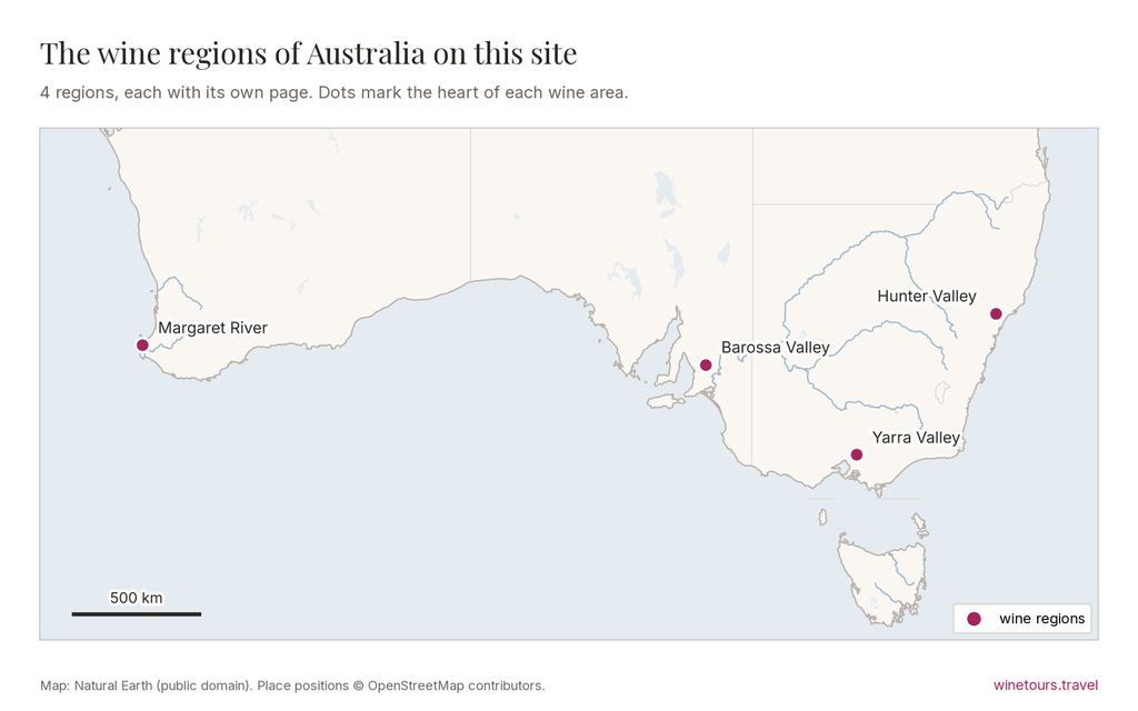 Map of Australia showing its wine regions on this site: Yarra Valley, Barossa Valley, Hunter Valley, Margaret River