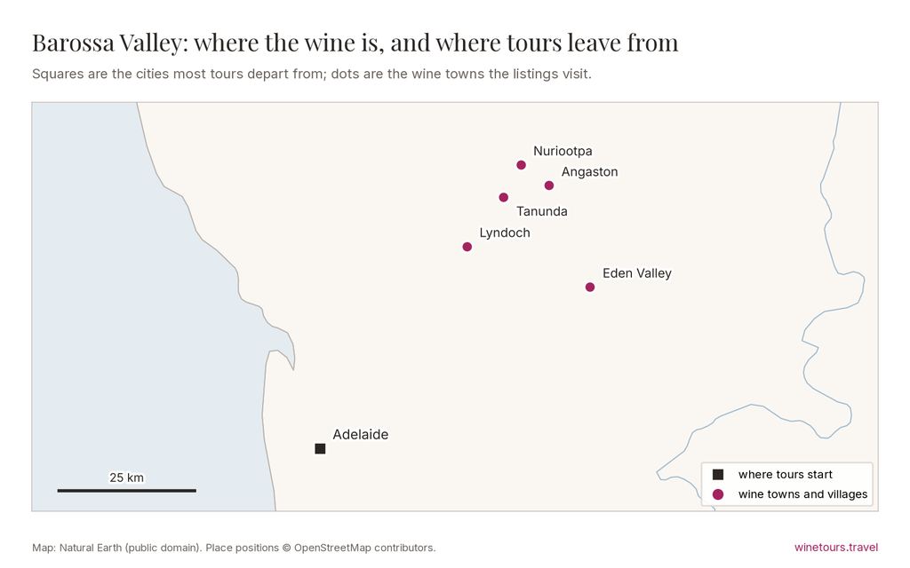 Map of Barossa Valley: tours start from Adelaide; wine towns marked include Tanunda, Nuriootpa, Angaston, Lyndoch, Eden Valley