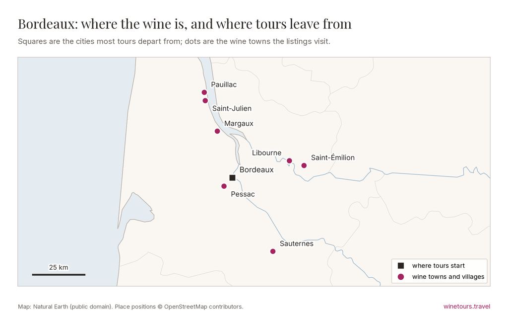 Map of Bordeaux: tours start from Bordeaux; wine towns marked include Saint-Émilion, Margaux, Pauillac, Saint-Julien, Libourne