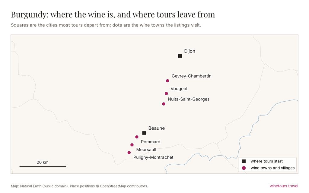 Map of Burgundy: tours start from Dijon, Beaune; wine towns marked include Gevrey-Chambertin, Vougeot, Nuits-Saint-Georges, Pommard, Meursault