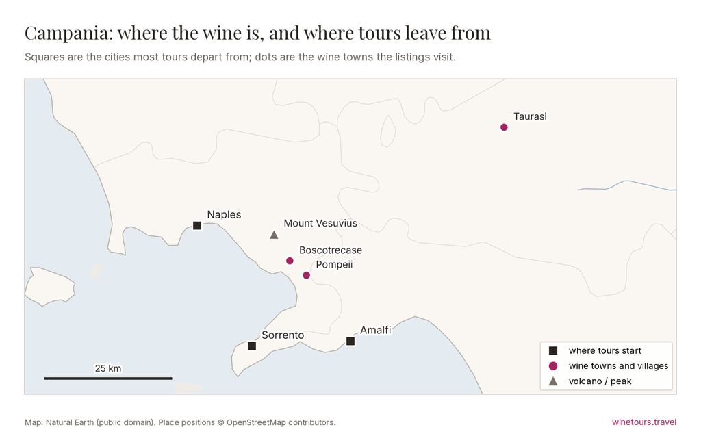 Map of Campania: tours start from Naples, Sorrento, Amalfi; wine towns marked include Pompeii, Boscotrecase, Taurasi