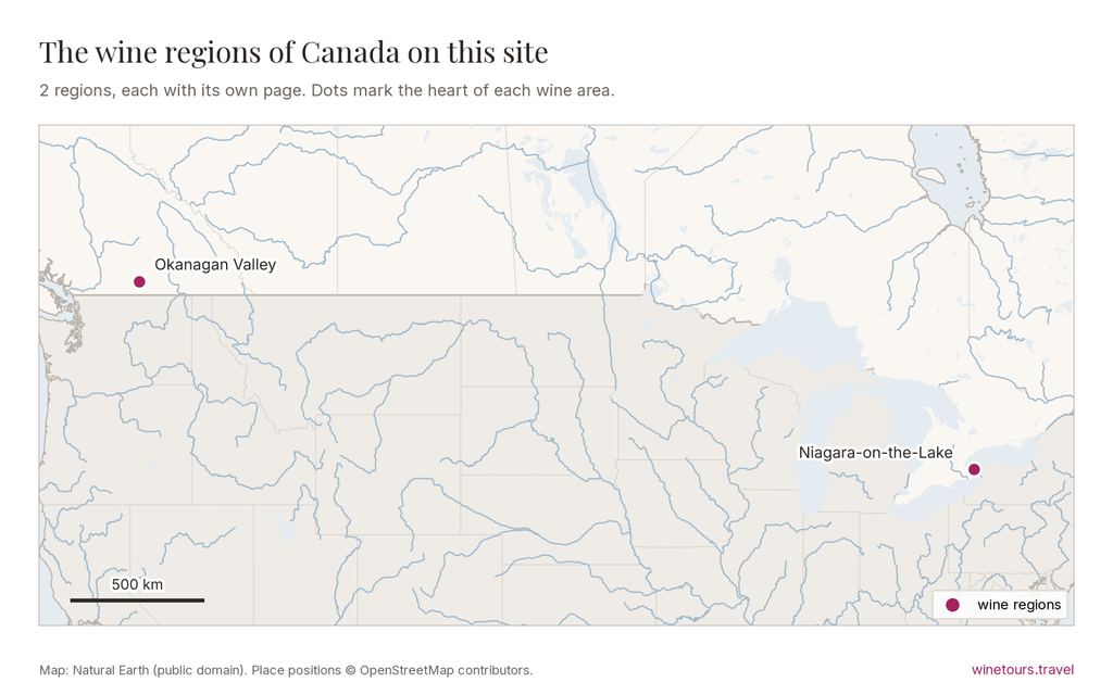 Map of Canada showing its wine regions on this site: Niagara-on-the-Lake, Okanagan Valley