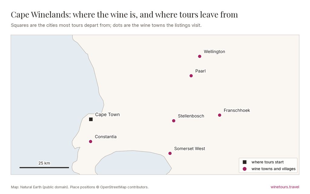 Map of Cape Winelands: tours start from Cape Town; wine towns marked include Stellenbosch, Franschhoek, Paarl, Constantia, Somerset West