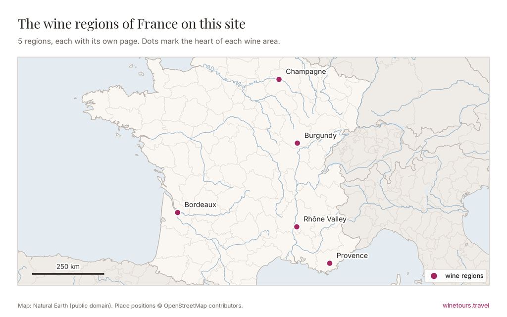 Map of France showing its wine regions on this site: Champagne, Bordeaux, Burgundy, Provence, Rhône Valley