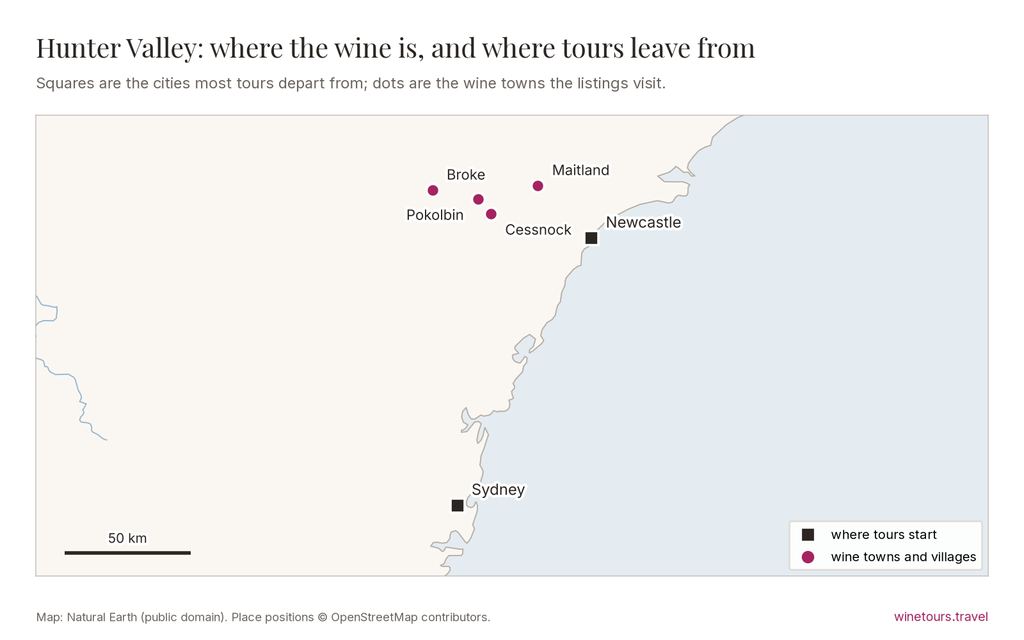 Map of Hunter Valley: tours start from Sydney, Newcastle; wine towns marked include Pokolbin, Cessnock, Broke, Maitland