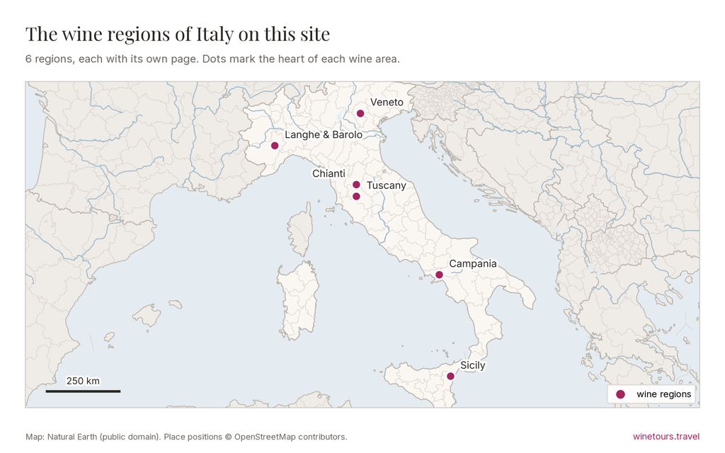 Map of Italy showing its wine regions on this site: Tuscany, Chianti, Veneto, Langhe & Barolo, Campania, Sicily