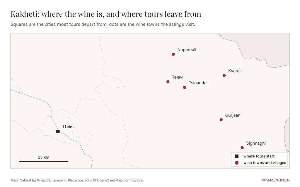 Map of Kakheti: tours start from Tbilisi; wine towns marked include Sighnaghi, Telavi, Kvareli, Tsinandali, Gurjaani