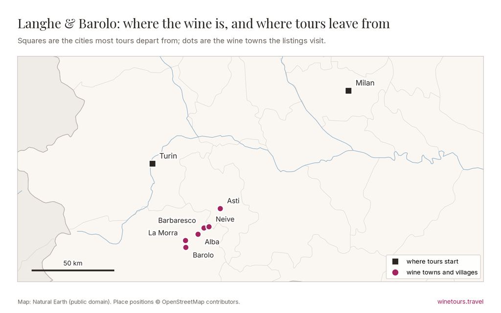 Map of Langhe & Barolo: tours start from Turin, Milan; wine towns marked include Alba, Barolo, Barbaresco, La Morra, Neive