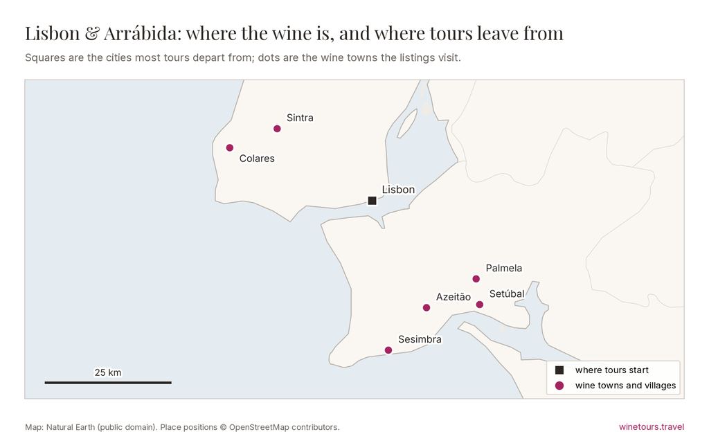 Map of Lisbon and the wine towns of the Setúbal peninsula and Sintra