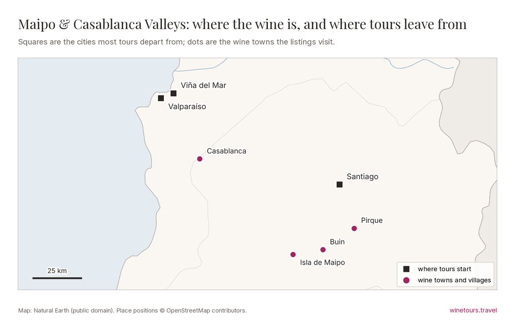 Map of Maipo & Casablanca Valleys: tours start from Santiago, Valparaíso, Viña del Mar; wine towns marked include Casablanca, Pirque, Buin, Isla de Maipo