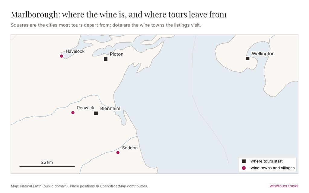 Map of Marlborough: tours start from Blenheim, Picton, Wellington; wine towns marked include Renwick, Havelock, Seddon
