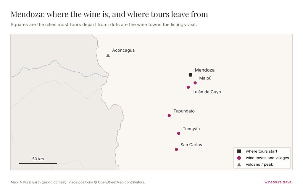 Map of Mendoza: tours start from Mendoza; wine towns marked include Luján de Cuyo, Maipú, Tupungato, Tunuyán, San Carlos