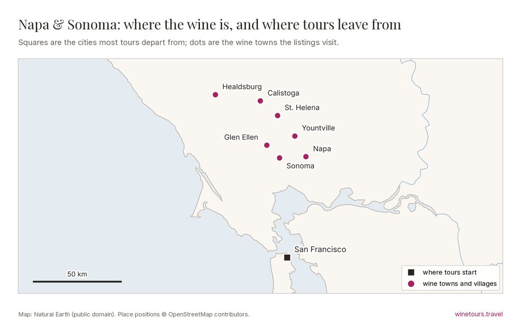 Map of Napa & Sonoma: tours start from San Francisco; wine towns marked include Napa, Yountville, St. Helena, Calistoga, Sonoma