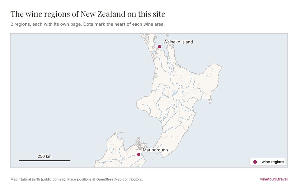 Map of New Zealand showing its wine regions on this site: Waiheke Island, Marlborough