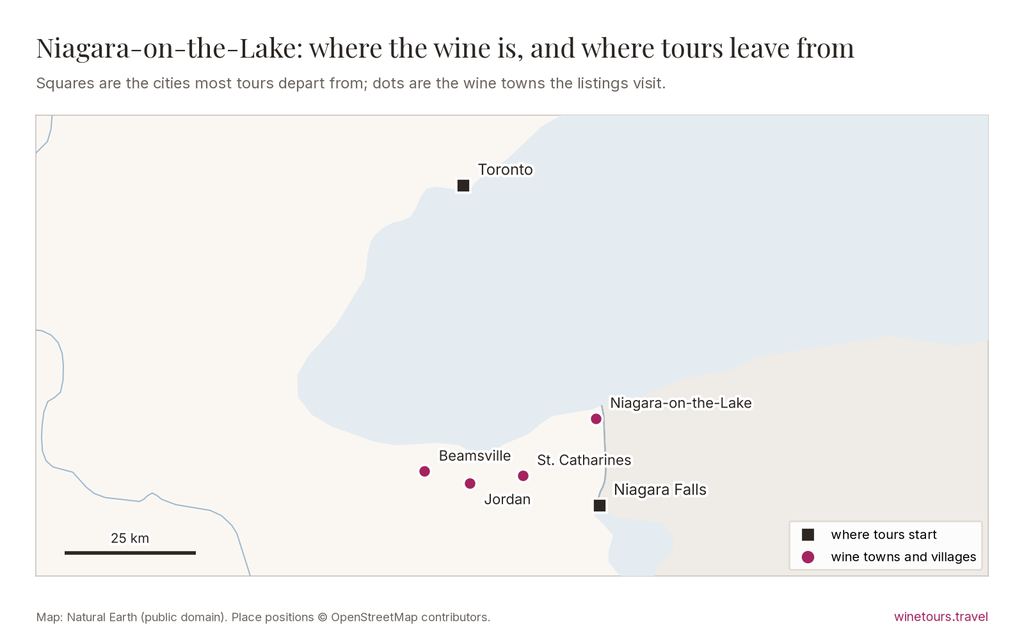 Map of Niagara-on-the-Lake: tours start from Toronto, Niagara Falls; wine towns marked include Niagara-on-the-Lake, St. Catharines, Jordan, Beamsville