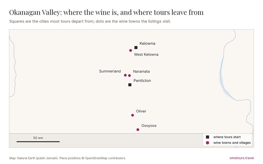Map of Okanagan Valley: tours start from Kelowna, Penticton; wine towns marked include Oliver, Osoyoos, Naramata, Summerland, West Kelowna