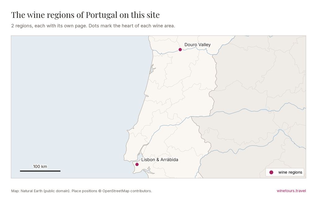 Map of Portugal showing its wine regions on this site: Douro Valley, Lisbon & Arrábida