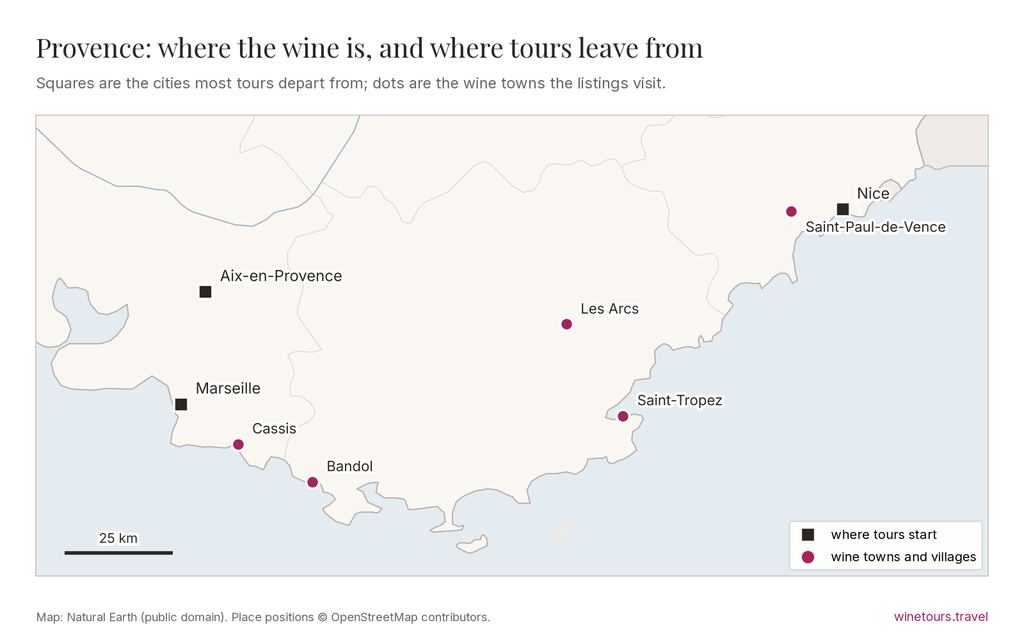 Map of Provence: tours start from Nice, Aix-en-Provence, Marseille; wine towns marked include Saint-Tropez, Bandol, Cassis, Les Arcs, Saint-Paul-de-Vence