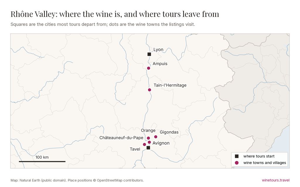 Map of Rhône Valley: tours start from Avignon, Lyon; wine towns marked include Châteauneuf-du-Pape, Gigondas, Orange, Tain-l'Hermitage, Ampuis