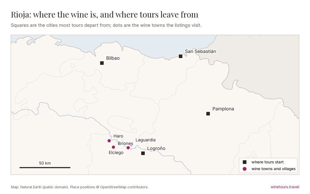 Map of Rioja: tours start from Logroño, San Sebastián, Bilbao, Pamplona; wine towns marked include Haro, Laguardia, Elciego, Briones