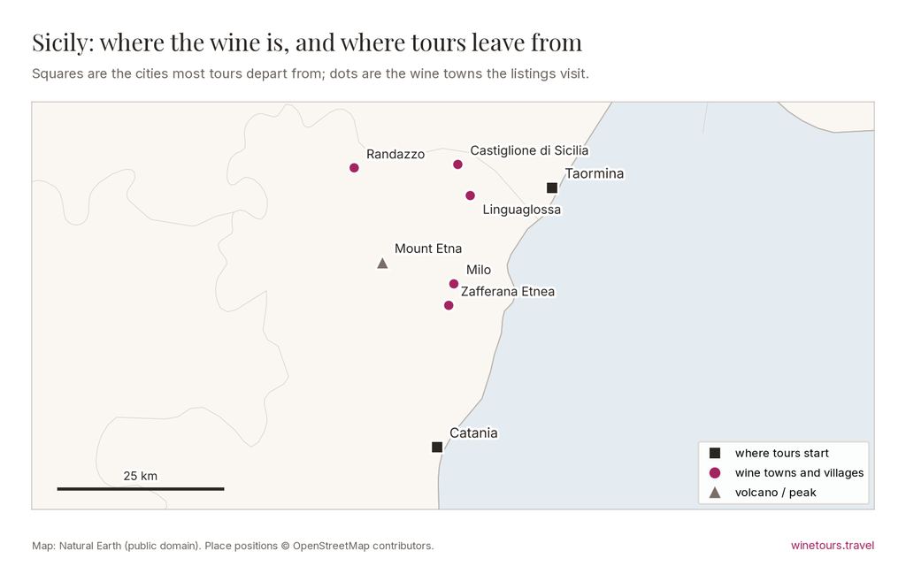 Map of Sicily: tours start from Catania, Taormina; wine towns marked include Randazzo, Castiglione di Sicilia, Linguaglossa, Milo, Zafferana Etnea