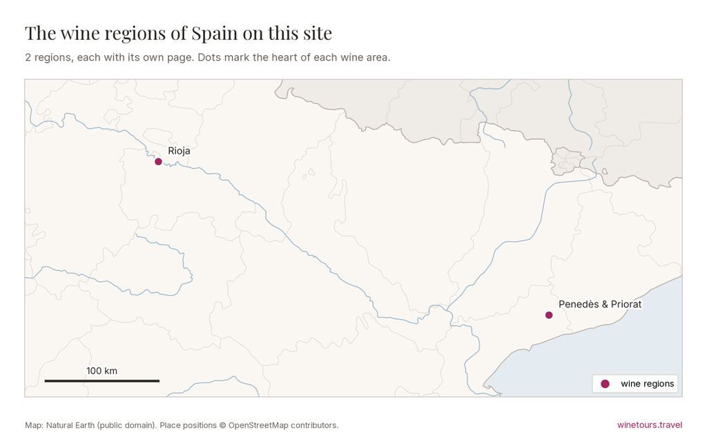 Map of Spain showing its wine regions on this site: Penedès & Priorat, Rioja