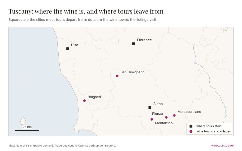 Map of Tuscany: tours start from Florence, Siena, Pisa; wine towns marked include Montalcino, Montepulciano, San Gimignano, Pienza, Bolgheri
