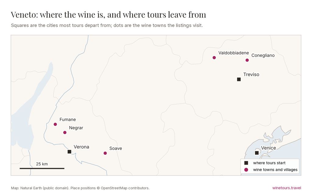 Map of Veneto: tours start from Venice, Verona, Treviso; wine towns marked include Valdobbiadene, Conegliano, Negrar, Fumane, Soave