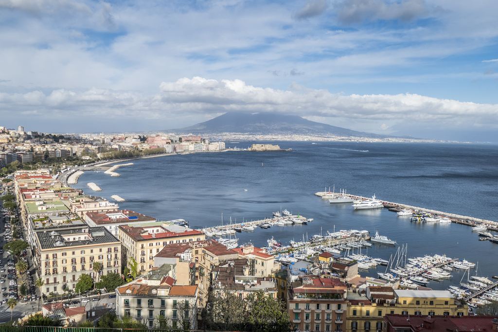 Aerial view of the Bay of Naples with the harbour and Mount Vesuvius on the horizon