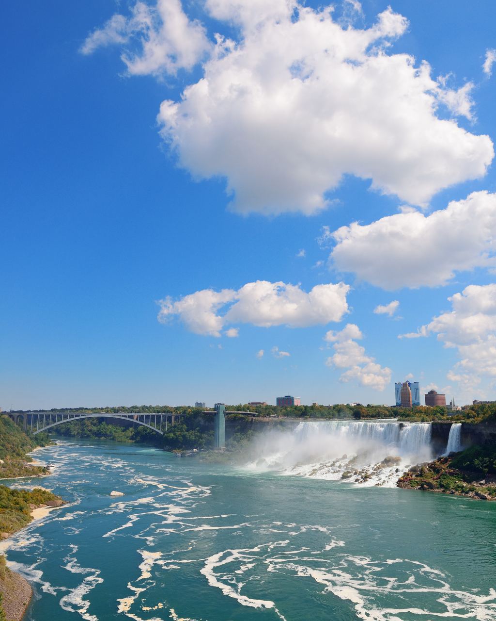 The American Falls and the Rainbow Bridge seen across the Niagara River