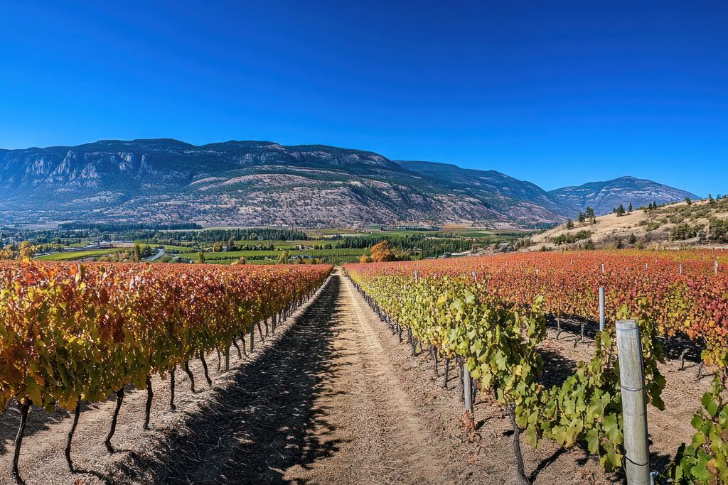 Autumn-coloured vineyard rows below a mountain ridge in the Okanagan Valley, British Columbia