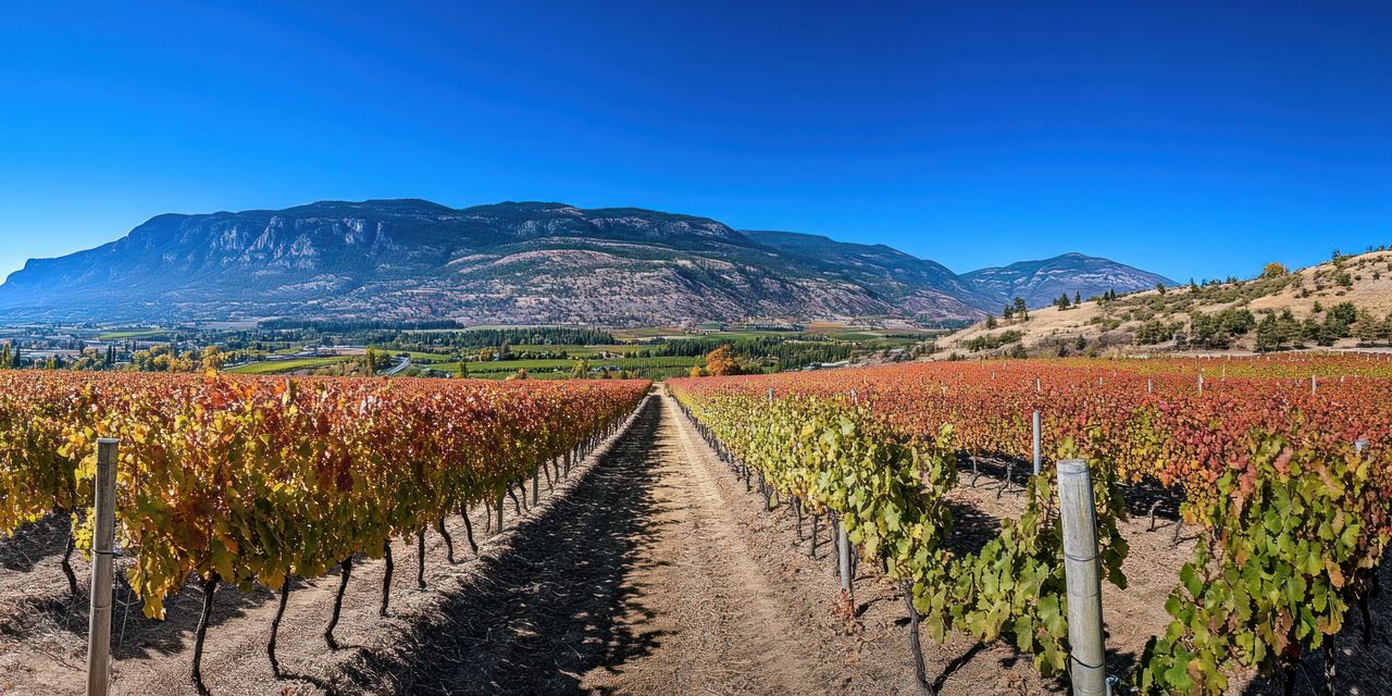 Autumn-coloured vineyard rows below a mountain ridge in the Okanagan Valley, British Columbia