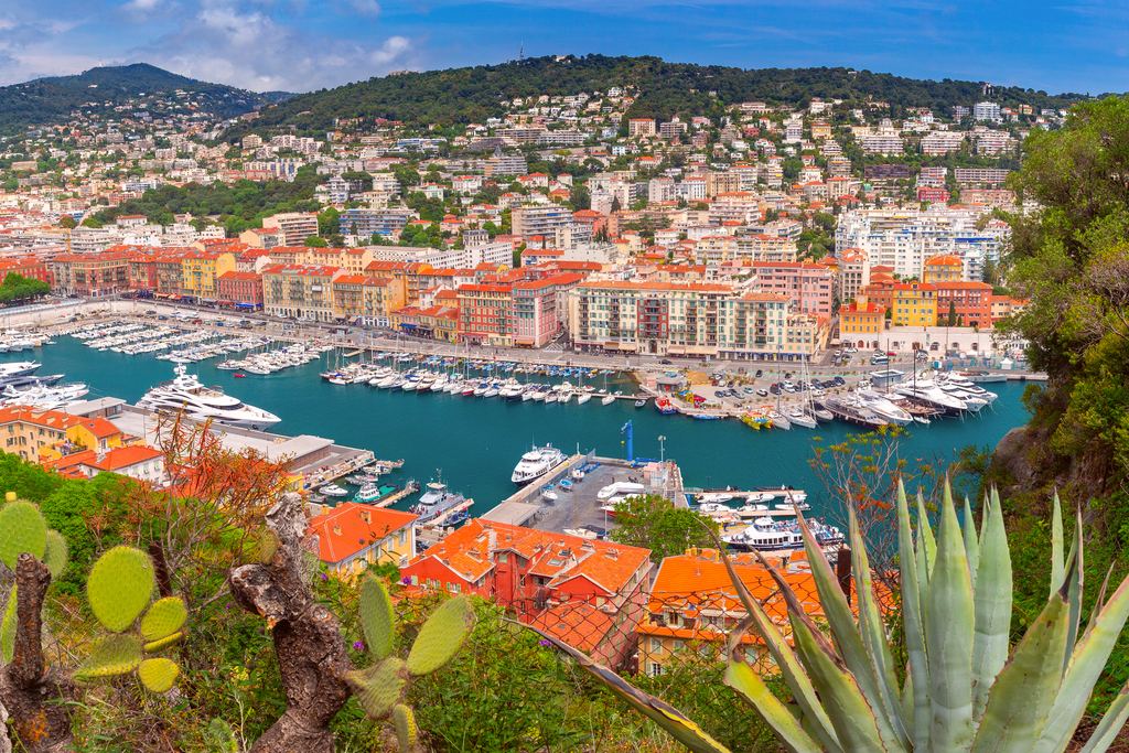 Panoramic view of Port Lympia harbour in Nice seen from the hill