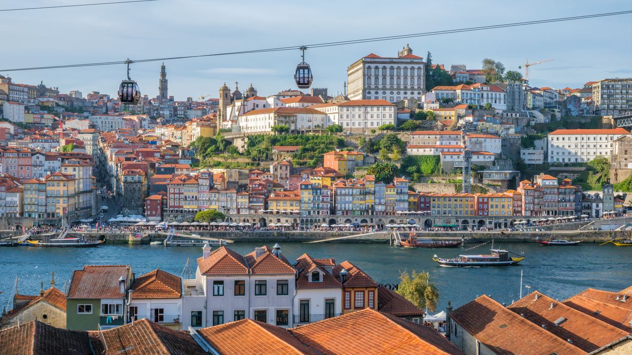 View of Porto's Ribeira and the Douro from the Vila Nova de Gaia side, with the cable car