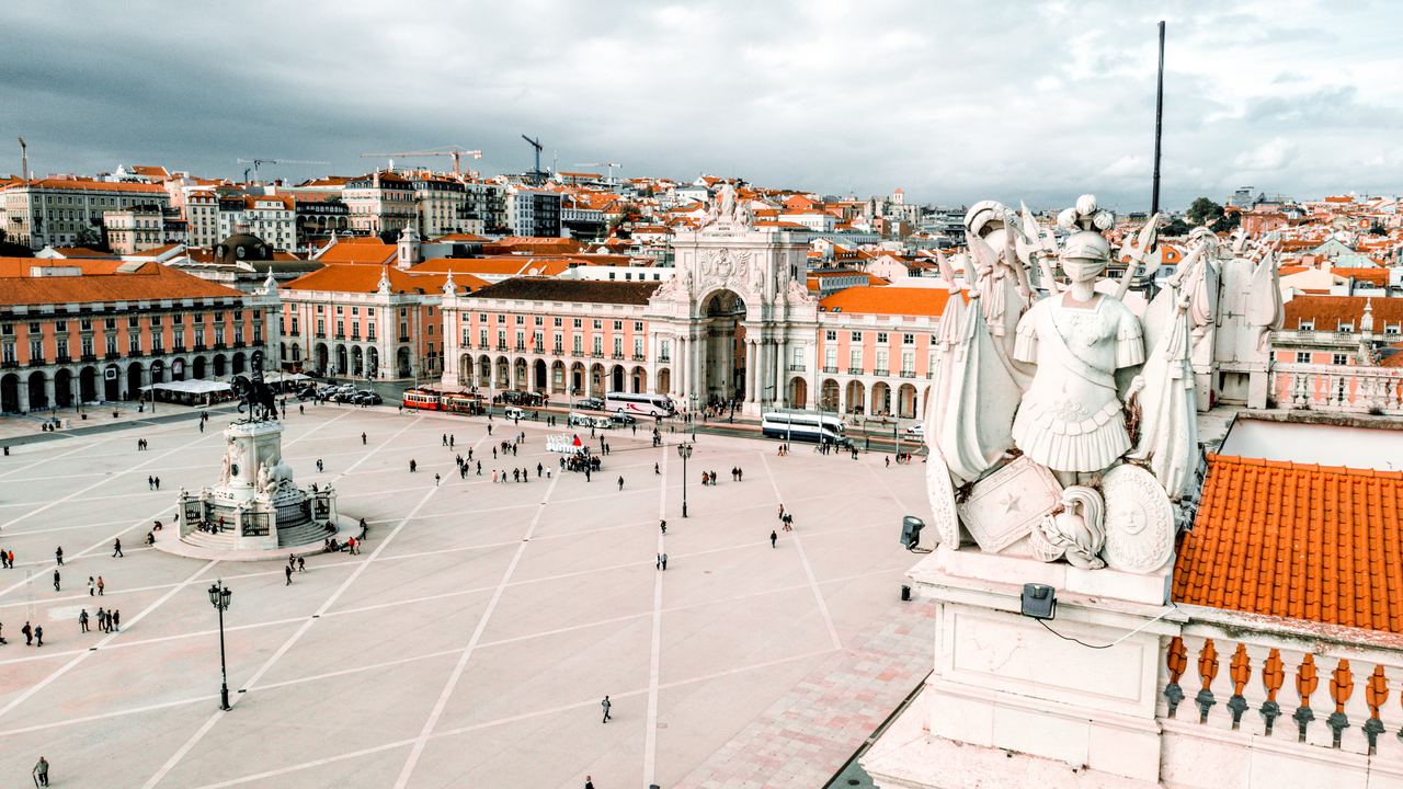 Aerial view of Praça do Comércio and the triumphal arch in central Lisbon, Portugal